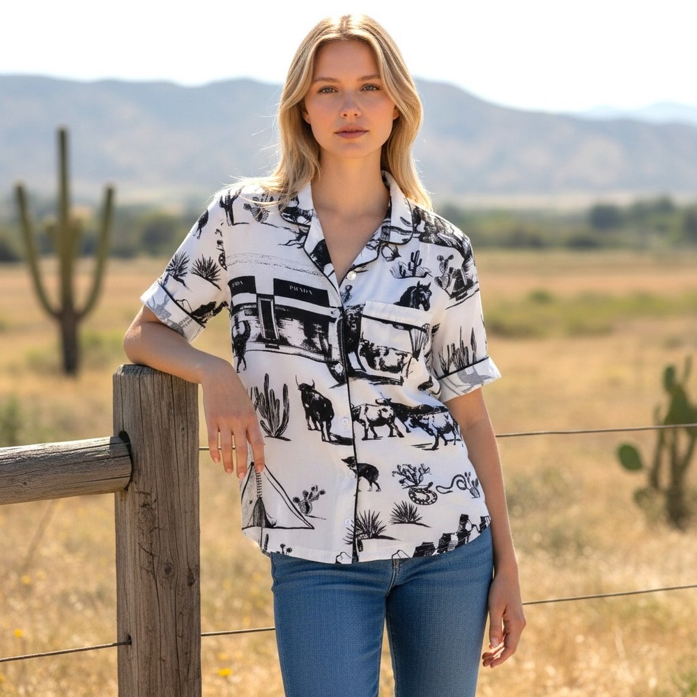 Button-Down Camp Shirt in Black & White